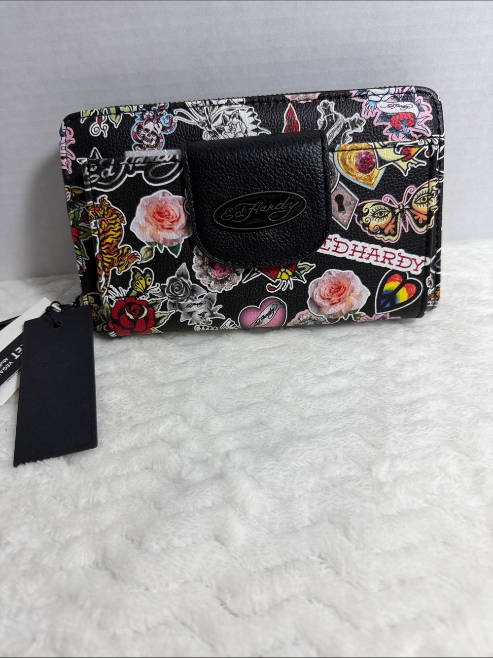 Ed Hardy Black Floral & Tattoo-Print Zip Wallet